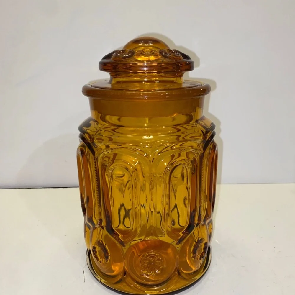 Vintage LE Smith Moon and Stars Amber Glass Cannister 9.5”